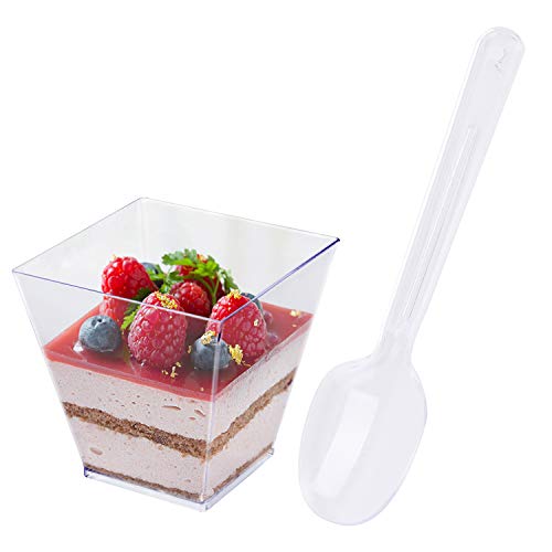 Product Cover Tosnail 80 Pack 3.5 Oz Square Clear Plastic Mini Dessert Tumbler Cups with Dessert Spoons