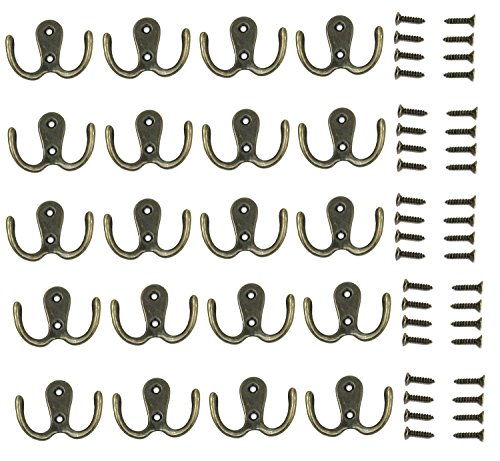 Product Cover 20 Pieces Double Prong Robe Hook Rustic Hooks Retro Cloth Hanger with 40 Pieces Screws, Bronze Color