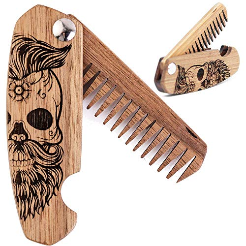 Product Cover Beard Comb for Men - Pocket Folding Combs for Mustache & Hair. Travel, Natural Wooden Comb with Crafted Skull Engraving - Perfect for Use w/Beard Balm, Oil