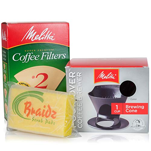 Product Cover Melitta Coffee Maker Single Cup Pour Over Coffee Brewer with Natural Brown Cone Coffee Filters #2 100-Count and a Braidz Scrub Pad