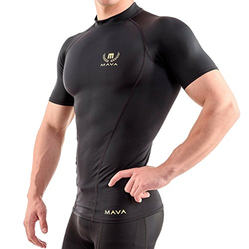 Product Cover Mava Sports Men's Short Sleeve Compression T Shirt - Workout Baselayer Shapewear (Black & Gold, X-Large)