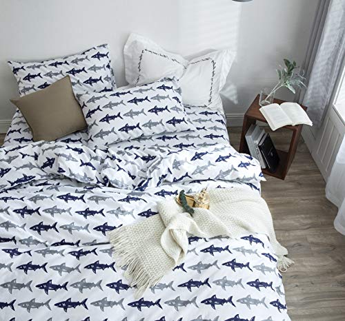 Product Cover BuLuTu Blue Grey Shark Twin Kids Boys Bedding Duvet Cover Set Cotton White,Reversible Shark Bedding Sets For Teens with Zipper Closure,1 Duvet Cover and 2 Pillowcases (no Comforter)