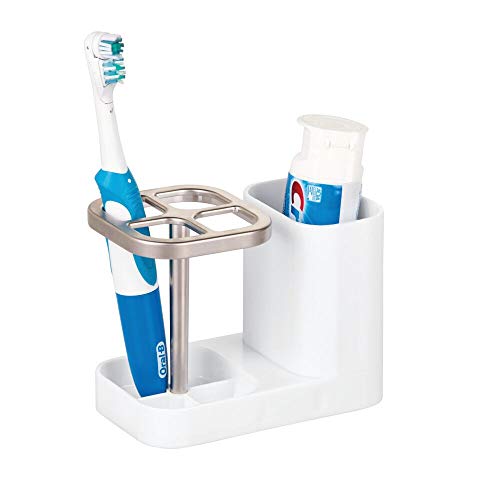 Product Cover mDesign Bathroom Vanity Countertop Toothpaste & Toothbrush Holder Stand with Cup/Dental Center, Holds Electric Toothbrushes - BPA Free - White/Satin