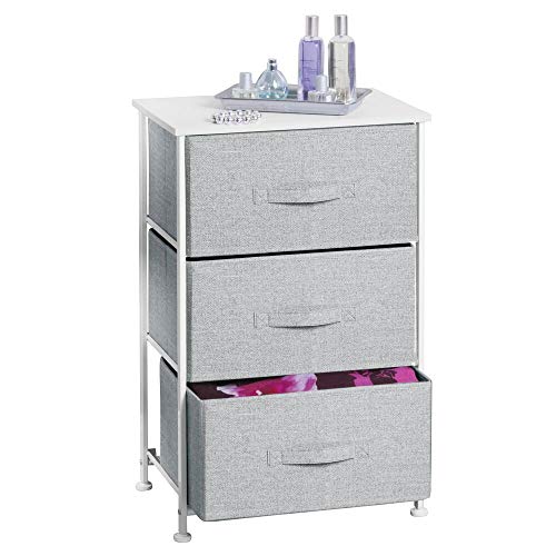 Product Cover mDesign Vertical Dresser Storage Tower - Sturdy Steel Frame, Wood Top, Easy Pull Fabric Bins - Organizer Unit for Bedroom, Hallway, Entryway, Closets - Textured Print - 3 Drawers - Gray/White