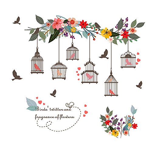 Product Cover Witkey Birdcages Flowers Flying Birds Wall Stickers Birdhouse Decals Removable Art Wall Stickers home décor PVC For Kid Room Bedroom Wallpaper
