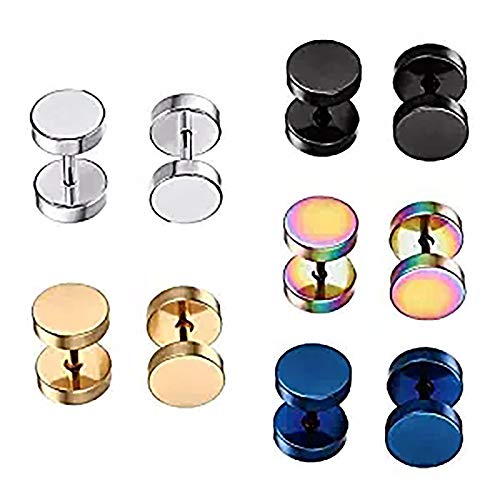 Product Cover Stainless Steel Mens Womens Stud Earrings Set Ear Piercing Plugs Tunnel Punk Style (1 Set-5 Pairs)
