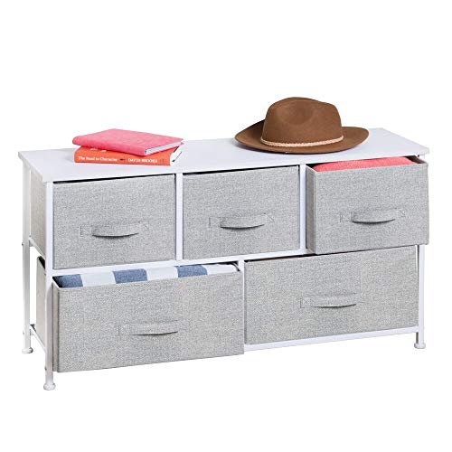 Product Cover mDesign Extra Wide Dresser Storage Tower - Sturdy Steel Frame, Wood Top, Easy Pull Fabric Bins - Organizer Unit for Bedroom, Hallway, Entryway, Closets - Textured Print - 5 Drawers - Gray/White