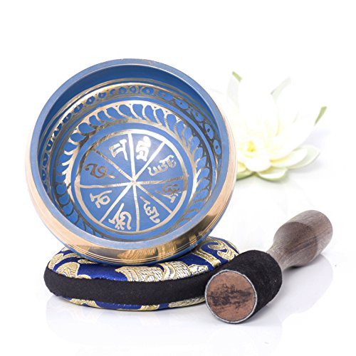 Product Cover Silent Mind ~ Tibetan Singing Bowl Set ~ Blue Color Design ~ With Dual Surface Mallet and Silk Cushion ~ Promotes Peace, Chakra Healing, and Mindfulness ~ Exquisite Gift