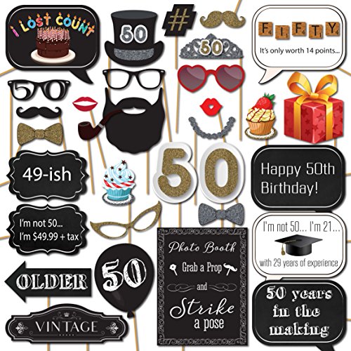 Product Cover 50th Birthday Photo Booth Props with Strike a Pose Sign - 31 Printed Pieces with Wooden Sticks