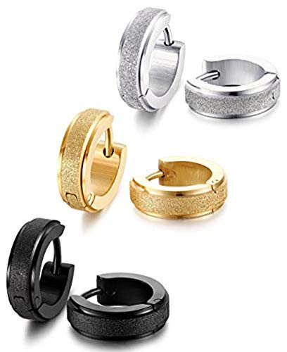 Product Cover Stainless Steel Womens Hoop Earrings for Men Huggie Ear Piercings Hypoallergenic 20G (3pair Silver+Gold+Black)