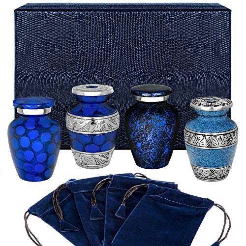 Product Cover Forever Remembered Classic Blue Small Mini Cremation Keepsake Urns for Human Ashes - Find Peace and Comfort Everytime You Look at These Beautiful Urns - with Satin Lined Case and 4 Velvet Bags