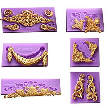 Product Cover （ 6 in Set）Baroque Style Curlicues Scroll Lace Fondant Silicone Mold for Sugarcraft, Cake Border Decoration, Cupcake Topper, Jewelry, Polymer Clay, Crafting Projects by Palker sky