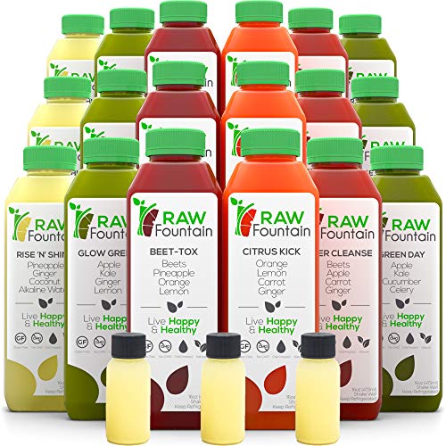 Product Cover RAW Fountain 3 Day Juice Cleanse, 100% Natural Raw, Cold Pressed Fruit & Vegetable Juices, Detox Cleanse Weight Loss, 18 Bottles, 16oz +3 Ginger Shots