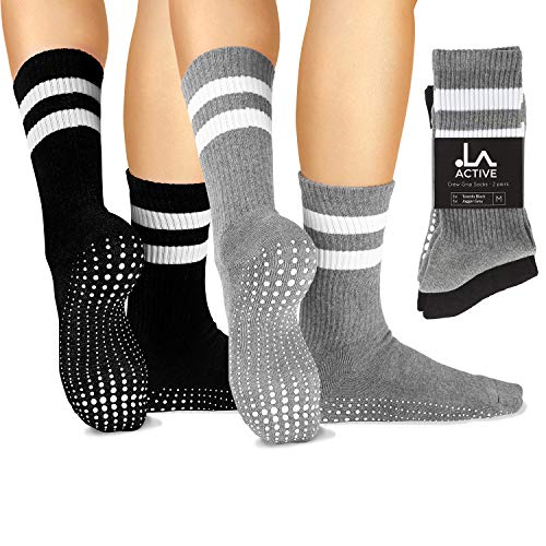 Product Cover LA Active Grip Socks - 2 Pairs - Yoga Pilates Barre Ballet Non Slip Crew Hospital (Jogger Grey and Tuxedo Black with Stripes, Medium)