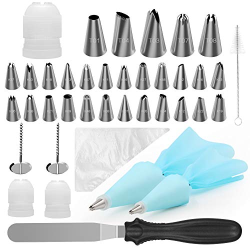 Product Cover Kootek 58 Pieces Cake Decorating Supplies Kits with 29 Numbered Icing Tips, 22 Pastry Bags, 1 Icing Spatula, 3 Reusable Couplers, 2 Flower Nails Frosting Kit Baking Tool DIY Cupcakes Cookies