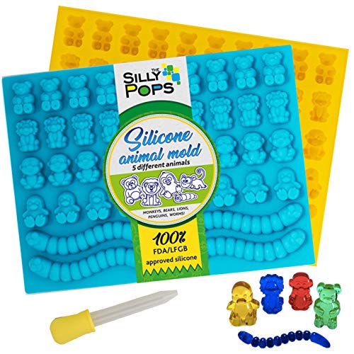 Product Cover Gummy Bear Mold Bpa Free Silicone (Yellow, Blue) - Set of 2 for 86 Candies - 5 Different Types of Animals - Dropper Included - Candy Molds, Gummy Worm Mold, Chocolate Molds, Gelatin Molds, Ice Cube