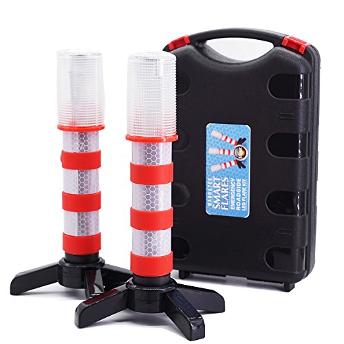 Product Cover 2 LED Emergency Road Flares Red Roadside Beacon Safety Strobe Light Warning Signal Alert Magnetic Base and Upright Stand in Solid Storage case for Car Marine Vehicles Trucks