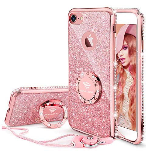 Product Cover Cute iPhone 8 Case, Cute iPhone 7 Case, Glitter Luxury Bling Diamond Rhinestone Bumper with Ring Grip Kickstand Protective Thin Girly Pink iPhone 8 Case/iPhone 7 Case for Women Girl - Rose Gold Pink