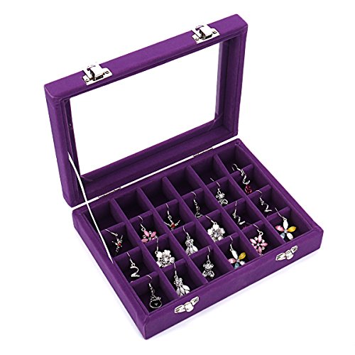 Product Cover Ivosmart 24 Section Velvet Glass Jewelry Ring Display Organiser Box Tray Holder Earrings Storage Case (Purple)