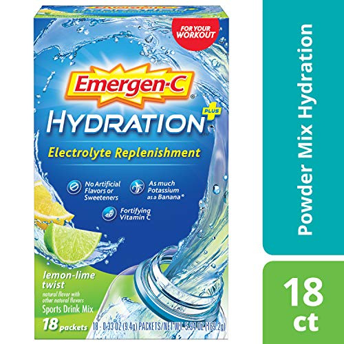 Product Cover Emergen-C Hydration+ Sports Drink Mix With Vitamin C (18 Count, Lemon Lime Flavor), Electrolyte Replenishment, 0.33 Ounce Powder Packets