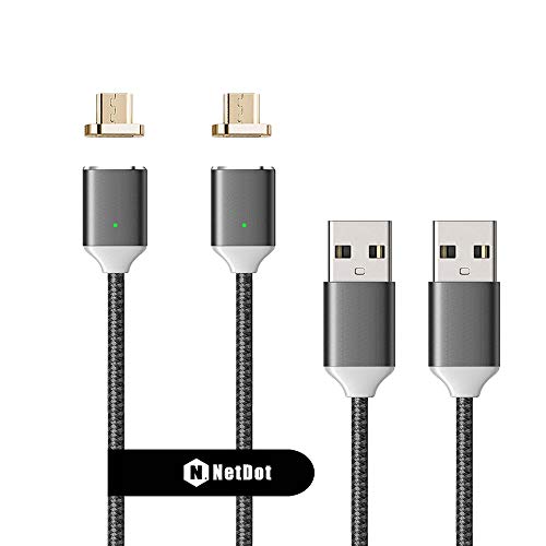 Product Cover NetDot 2 Pack 2nd Generation 1m/3.3ft Nylon Bradied USB Fast Charging Magnetic Micro USB Cable with LED Indicator Compatible with Android Device (3.3FT / 2 Pack Gray)