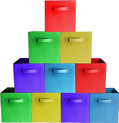Product Cover [10-Pack,Assorted Colors] Durable Storage Bins, Containers, Boxes, Tote, Baskets| Collapsible Storage Cubes for Household Organization | Fabric & Cardboard| Dual Handle | Foldable Shelves Storages