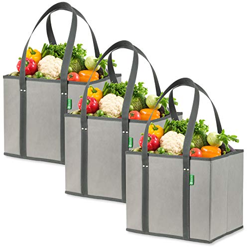 Product Cover Reusable Grocery Shopping Box Bags (3 Pack - Gray). Large, Premium Quality Heavy Duty Tote Bag Set with Extra Long Handles & Reinforced Bottom. Foldable, Collapsible, Durable and Eco Friendly