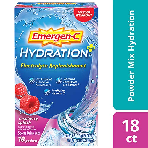 Product Cover Emergen-C Hydration+ Sports Drink Mix With Vitamin C (18 Count, Raspberry Flavor), Electrolyte Replenishment, 0.33 Ounce Powder Packets