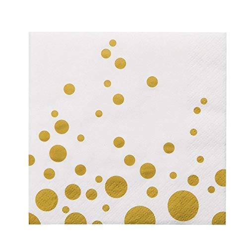 Product Cover 100 Gold Polka Dot Napkins Decorative White Gold Confetti Cocktail Paper Party Dessert Beverage Napkins Bulk for Christmas Birthday Bridal Baby Shower Occasions Wedding Anniversary Engagement Holiday