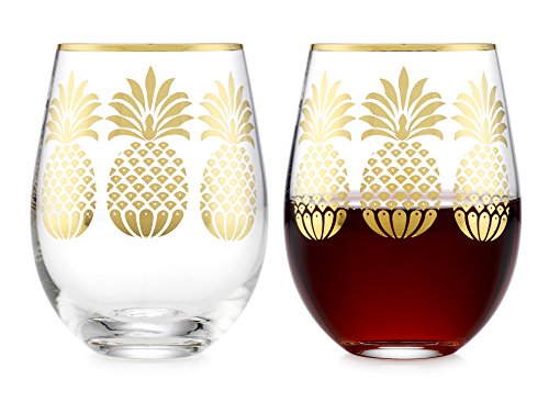 Product Cover Elegant Home Personalized Gift Set of Two 19 Oz. Stemless Wine Glass - unique Novelty - Gag Gift. (Pineapple Gold)
