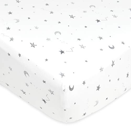 Product Cover American Baby Company Printed 100% Cotton Jersey Knit Fitted Crib Sheet for Standard Crib and Toddler Mattresses, Grey Stars and Moon, for Boys and Girls