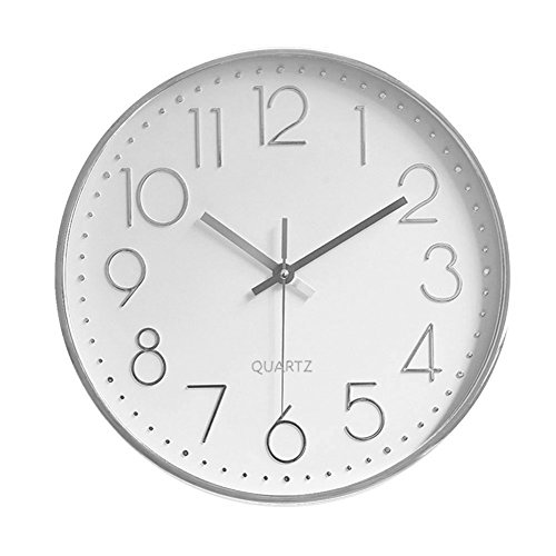 Product Cover Foxtop Modern Silent Non-Ticking Wall Clock Battery Operated, Decorative Silver Wall Clock for Office Home Living Room (12 inch, Arabic Numeral, Silver Plastic Frame, Glass Cover)