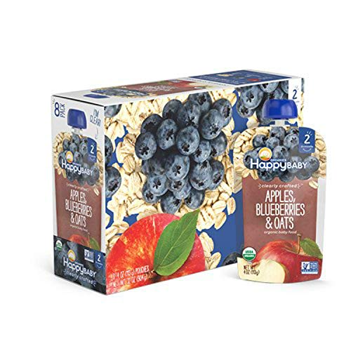 Product Cover Happy Baby Organic Clearly Crafted Stage 2 Baby Food, Apples, Blueberries and Oats, 4 Ounce (8 Count)