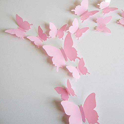 Product Cover 24pcs 3D Butterfly Removable Mural Stickers Wall Stickers Decal for Home and Room Decoration (Pink)