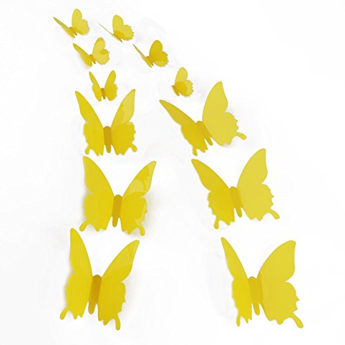 Product Cover 24pcs 3D Butterfly Removable Mural Stickers Wall Stickers Decal for Home and Room Decoration (Yellow)