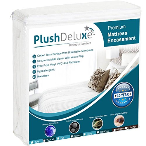 Product Cover PlushDeluxe Premium Zippered Mattress Encasement, Waterproof, Bed Bug & Dust Mite Proof 6-Sided Protector Cover, Hypoallergenic Cotton Terry Surface (Fits 9-12 Inches H) Twin XL, 10-Year Warranty