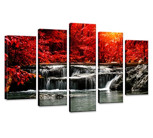 Product Cover Hua Dao Art-HJ-0313 Canvas Prints 5 Piece Wall Art Home Decoration Painting Printed on Canvas Red Waterfall (Red)