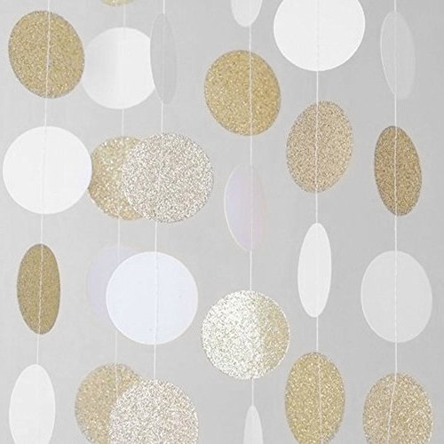 Product Cover MerryNine Paper Garland, 5 Pack 50ft Glitter Paper Garland Circle Dots Hanging Decor, Paper Banner for Baby Shower, Birthday, Nursery Party Decor (Circle Polka Dots- White Gold 5pack 50ft)