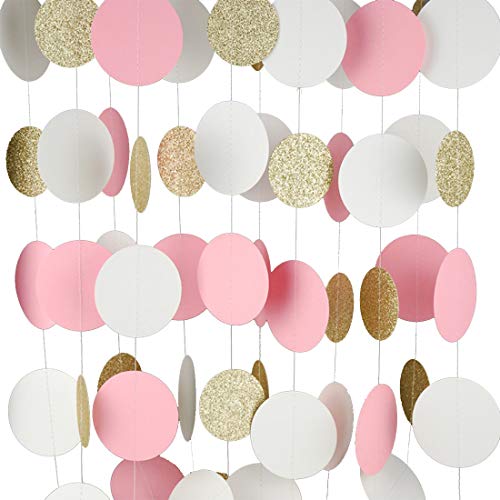 Product Cover MerryNine Paper Garland, 5 Pack 50ft Glitter Paper Garland Circle Dots Hanging Decor, Paper Banner for Baby Shower, Birthday, Nursery Party Decor(Circle Polka Dots-Pink White Gold-50 Feet)