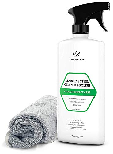 Product Cover TriNova Premium Stainless Steel Cleaner and Polish - for Commercial Refrigerators with Microfiber Cleaning Cloth. Cleaning Spray for Appliances, Fridge, Microwave Oven, Kitchen. 18oz