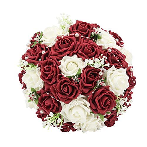 Product Cover Febou Wedding Bridal Bouquet, Wedding Bride Bouquet, Wedding Holding Bouquet with Artificial Roses Lace Pearl Ribbon, Perfect for Wedding, Church, Party and Home Decor(Heart Pearl, White+Dark Red)