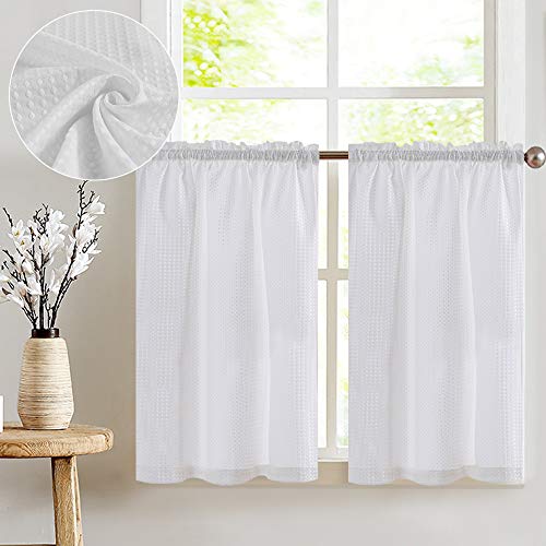 Product Cover jinchan White Tiers Waffle Woven Textured Short Curtains for Bathroom Water Repellent Shower Window Covering for Kitchen 72 x 36 InchTwo Panels