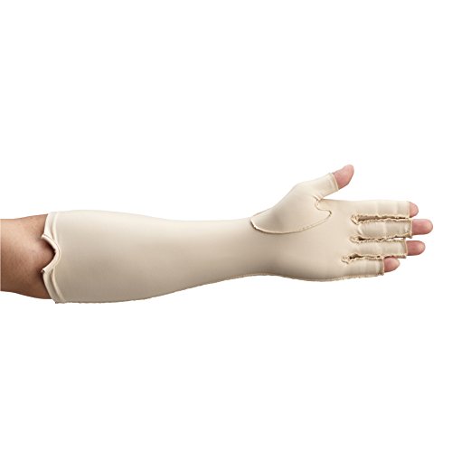 Product Cover Rolyan Forearm Length Left Compression Glove, Open Finger Compression Sleeve to Control Edema and Swelling, Water Retention, and Vericose Veins, Covers Fingers to Forearm on Left Arm, Large