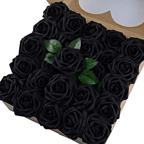 Product Cover Umiss Wedding Bouquet 50pcs Artificial Flowers White Real Touch Artificial Roses for Bouquets Centerpieces Wedding Party Baby Shower DIY Decorations (Black)