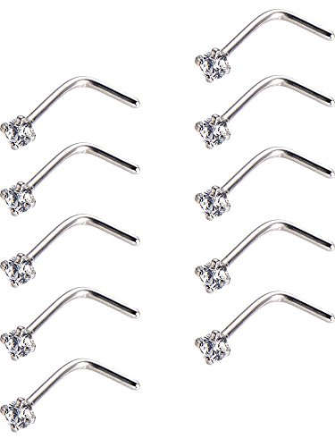 Product Cover Mudder 10 Piece Curved Nose Stud Steel Nose Ring Cubic Zirconia L Bend Bar Piercing Jewelry, 20 Gauge