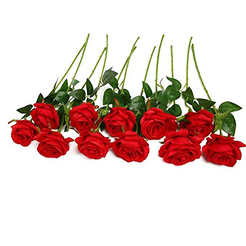 Product Cover JUSTOYOU 10pcs Artificial Rose Silk Flower Blossom Bridal Bouquet for Home Wedding Decor(Red)
