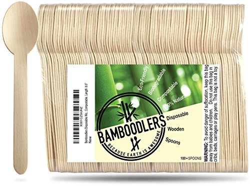 Product Cover Disposable Wooden Spoons by Bamboodlers | 100% All-Natural, Eco-Friendly, Biodegradable, and Compostable - Because Earth is Awesome! Pack of 100-6.5