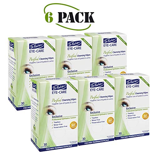 Product Cover Dr. Fischer Premium, Purified, Non-Irritating & Hypoallergenic Eyelid Wipes Pre-moistened for complementary treatment of Red Eye, Dry Eye, and Blepharitis & Conjunctivitis Cleanses Make-up (Pack of 6)