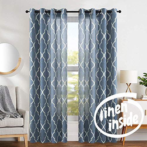 Product Cover jinchan Curtains Print 84 inch Lattice Moroccan Tile Flax Linen Blend Curtain Textured Grommet Quatrefoil Window Treatment Set for Living Room Kitchen Blue Set of 2 Panels