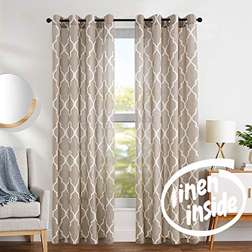 Product Cover jinchan Print Curtains 95 inch Moroccan Tile Flax Linen Look Curtain Quatrefoil Grommet Lattice Window Treatment Set for Living Room Taupe Set of 2 Panels